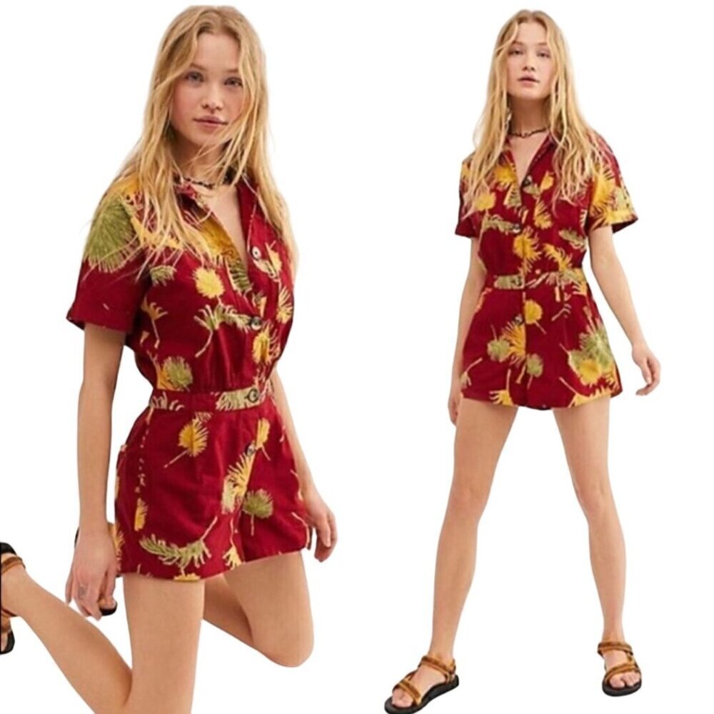 Free People Malibu Romper Red Tropical Print Size M